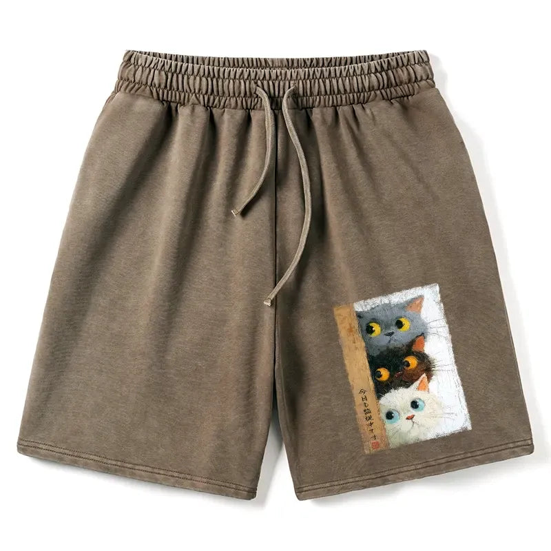 Japanese cute cats washed shorts on sale