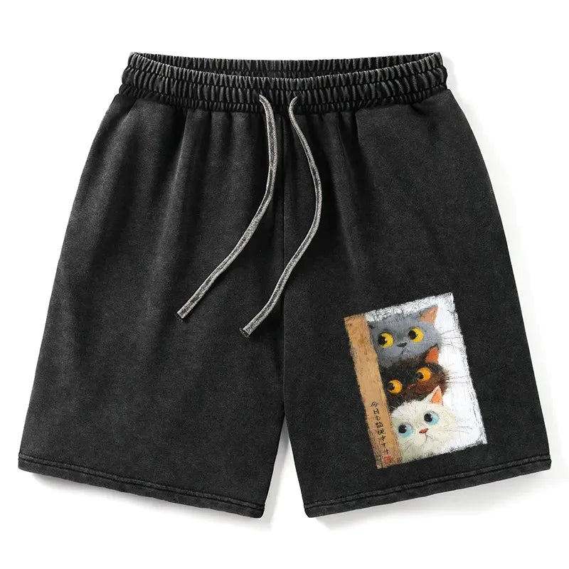 Japanese cute cats washed shorts on sale