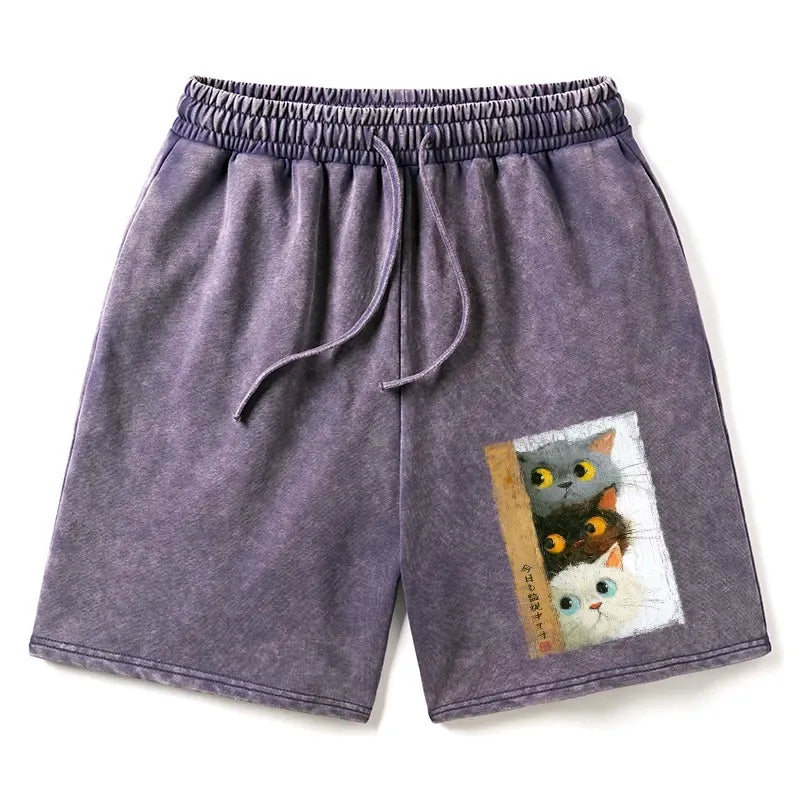 Japanese cute cats washed shorts on sale