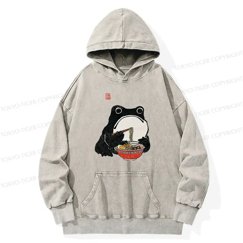 Kyoto-Lion Funny Frog Eating Ramen Washed Hoodie