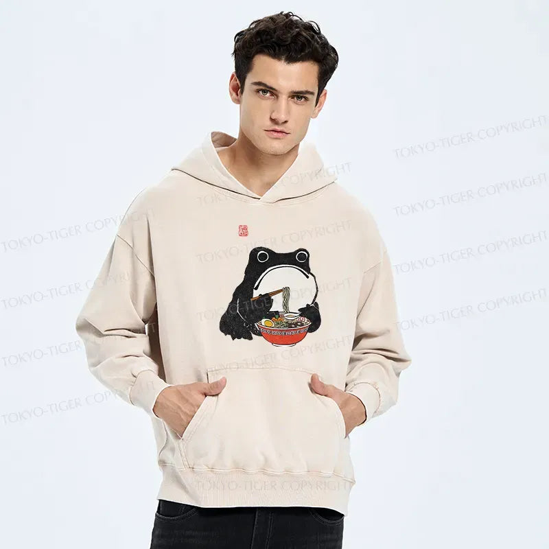 Kyoto-Lion Funny Frog Eating Ramen Washed Hoodie