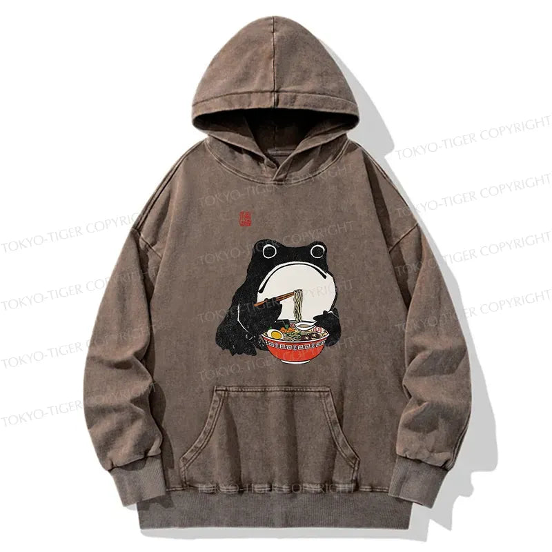 Kyoto-Lion Funny Frog Eating Ramen Washed Hoodie