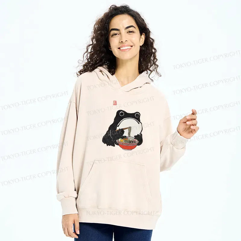 Kyoto-Lion Funny Frog Eating Ramen Washed Hoodie