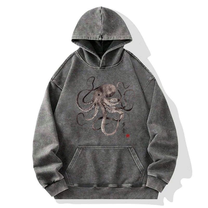Kyoto-Lion Octopus Japanese Calligraphy Washed Hoodie