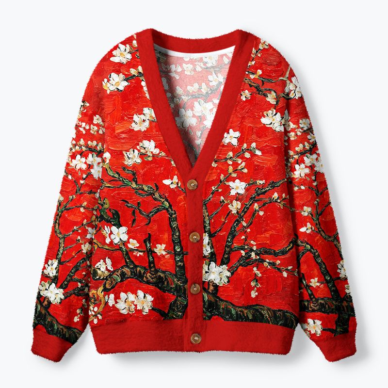 Kyoto-Lion Van Gogh Red Almond Blossom Ugly Cardigan Sweater