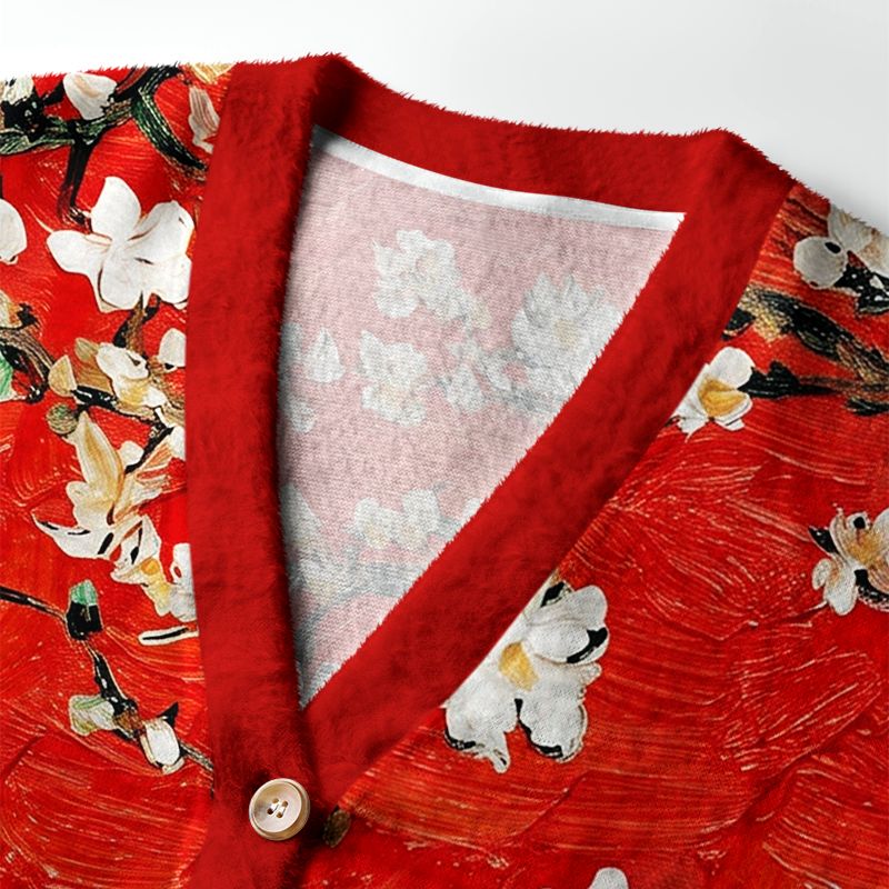 Kyoto-Lion Van Gogh Red Almond Blossom Ugly Cardigan Sweater