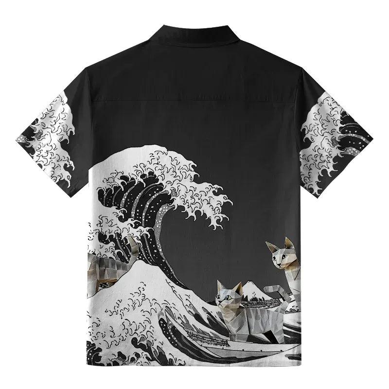 Japanese Origami Cat Button-up Shirt for Daily Wear