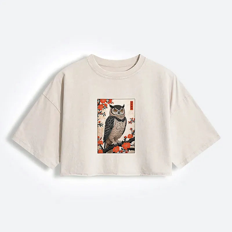Kyoto-Lion Vintage Japanese Owl Women's Washed Crop T-Shirt