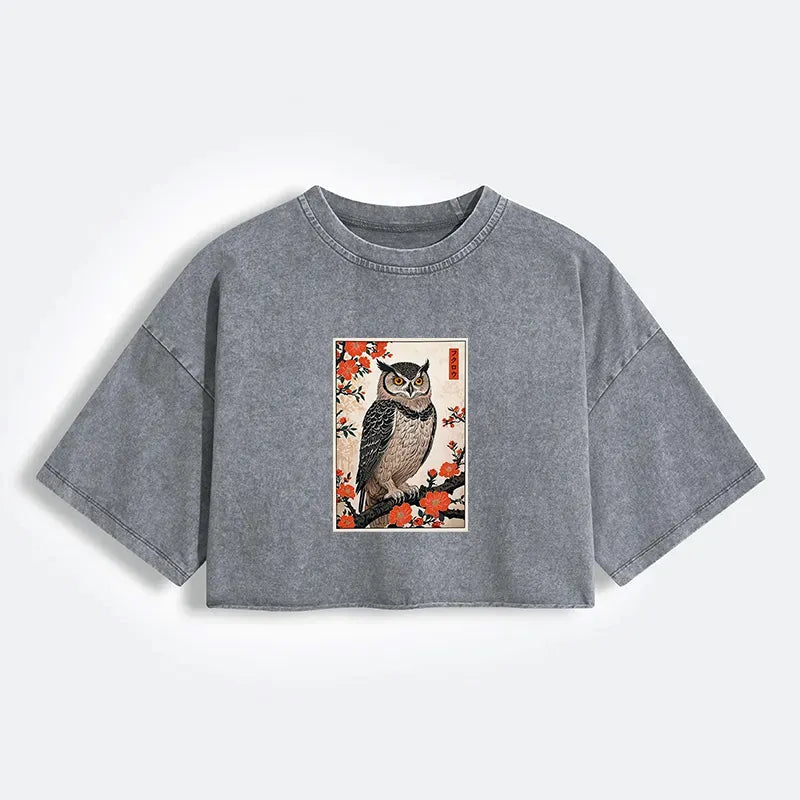 Vintage Japanese Owl Crop T-Shirt for Women
