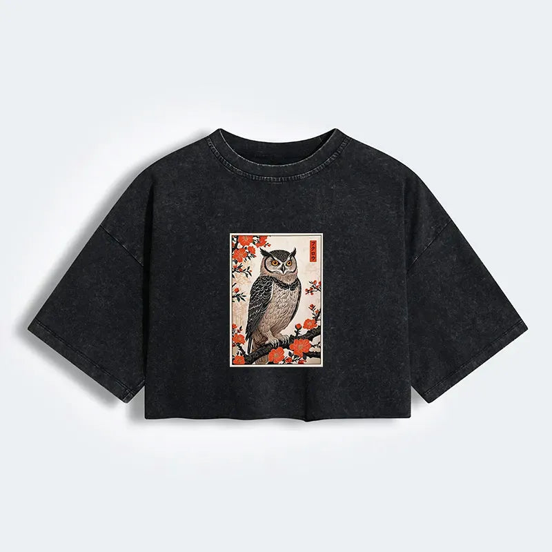 Vintage Japanese Owl Crop T-Shirt for Women
