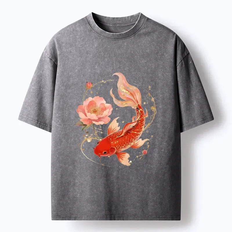 Kyoto-Lion Lucky Koi Peony Art Washed T-Shirt