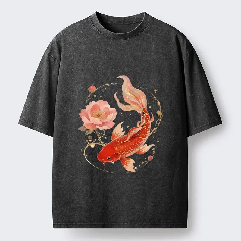Japanese Koi Peony Art Washed T-Shirt