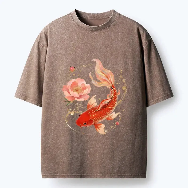 Kyoto-Lion Lucky Koi Peony Art Washed T-Shirt