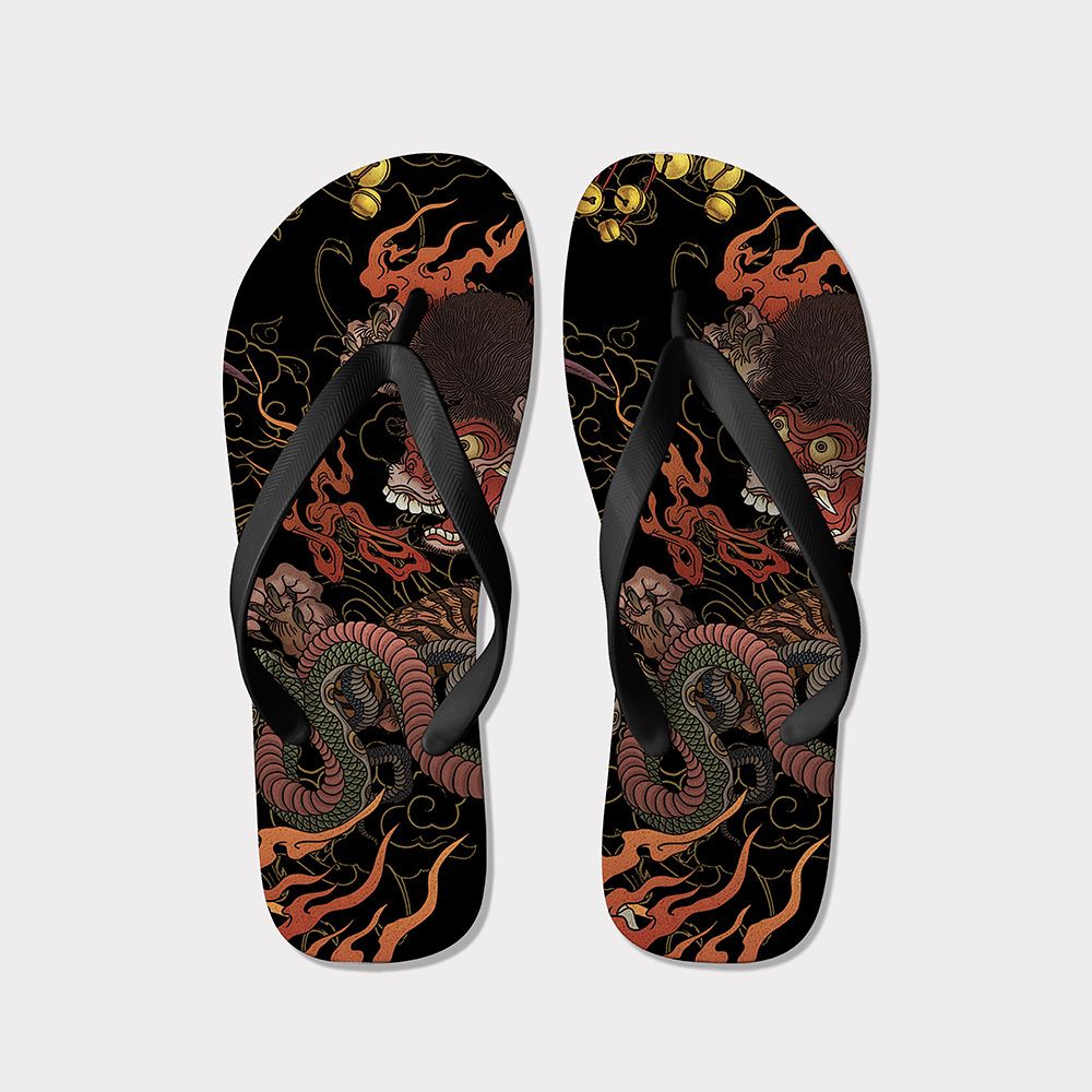 Kyoto-Lion Japanese Yokai And Skeletons Flip Flops