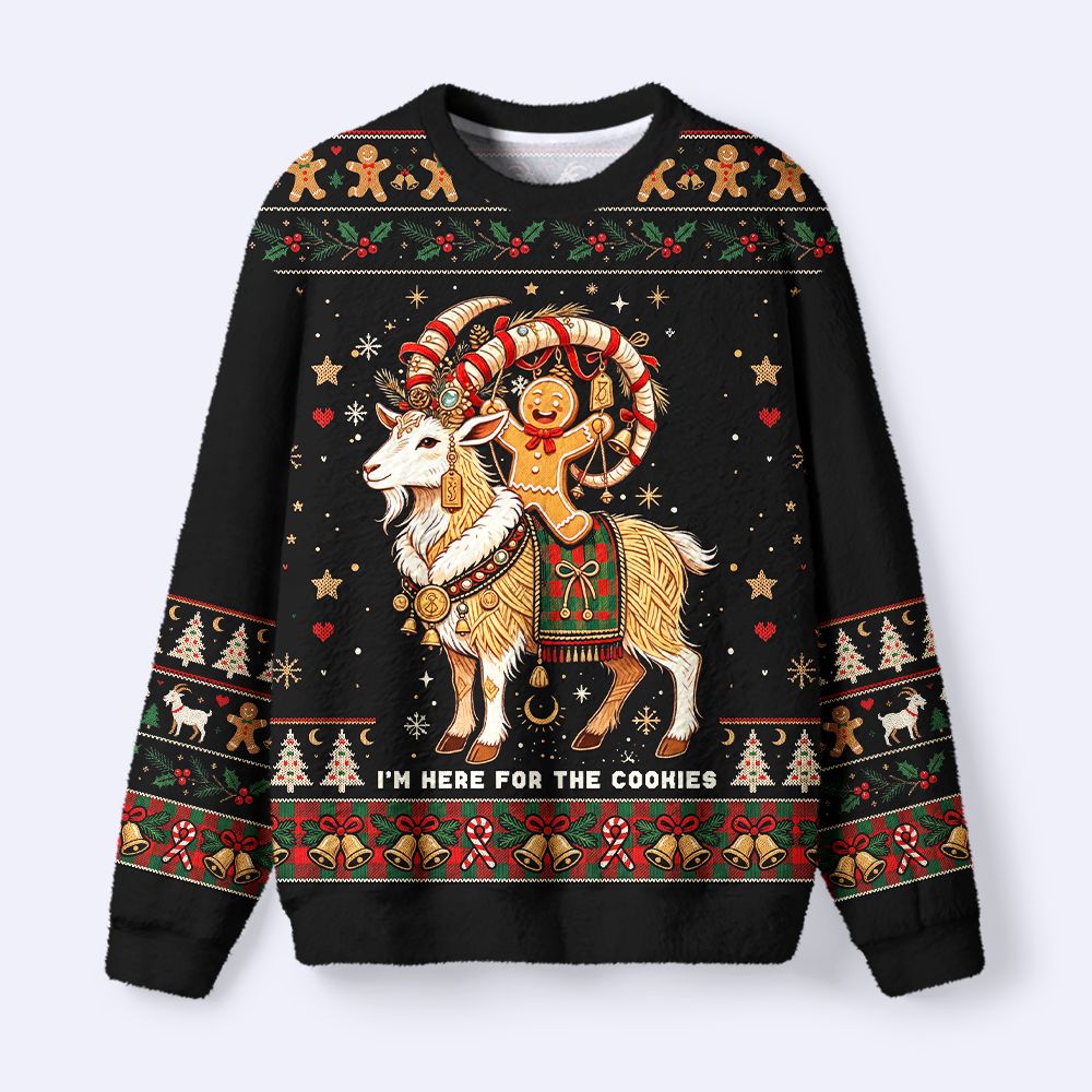 Kyoto-Lion Yule Goat Rider Here For Cookies Fuzzy Christmas Ugly Sweatshirt