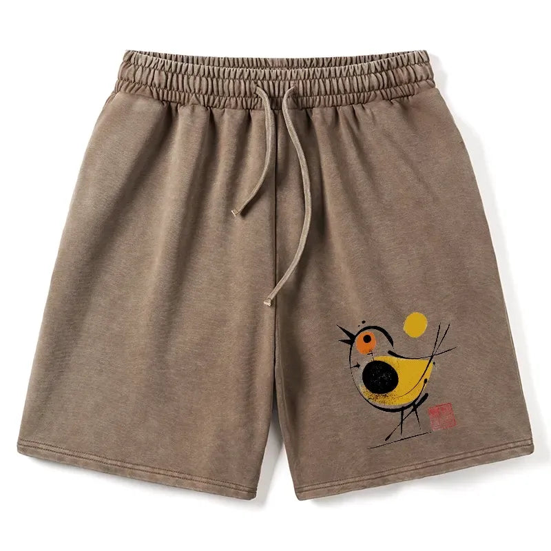 Kyoto-Lion Aesthetic Yellow And Black Bird Washed Shorts