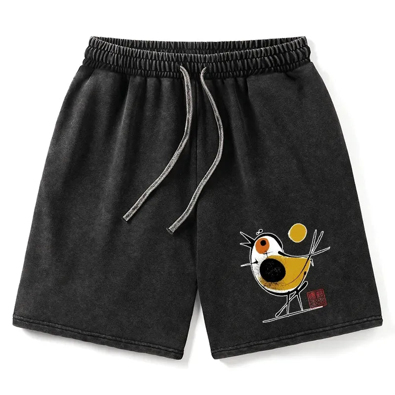 Kyoto-Lion Aesthetic Yellow And Black Bird Washed Shorts