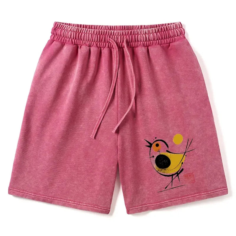 japanese aesthetic yellow and black bird washed shorts