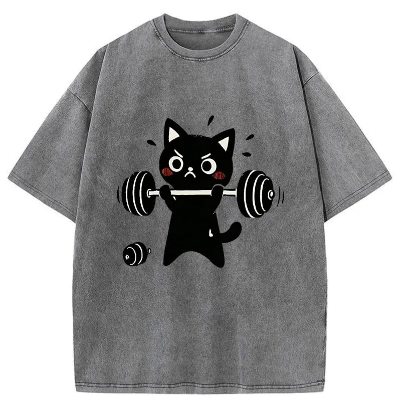 Japanese Black Cat Washed T-Shirt for Daily Wear