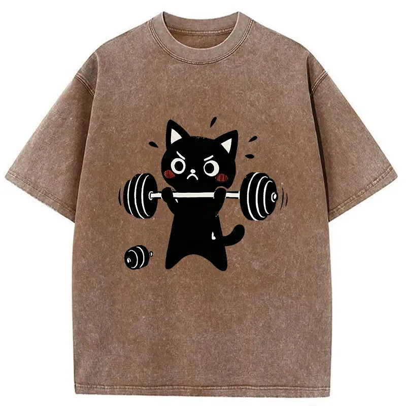 Japanese Black Cat Washed T-Shirt for Daily Wear