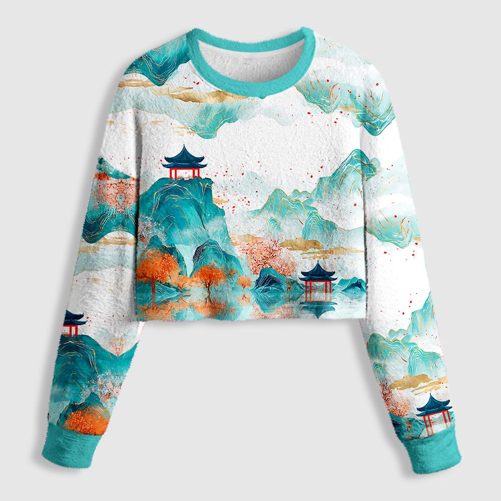 Kyoto-Lion Serene Chinese Mountain Landscape Women's Fuzzy Cropped Sweatshirt