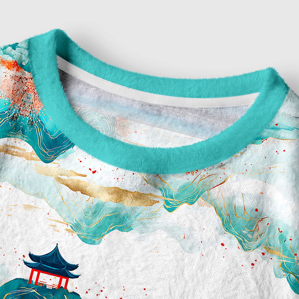 Kyoto-Lion Serene Chinese Mountain Landscape Women's Fuzzy Cropped Sweatshirt
