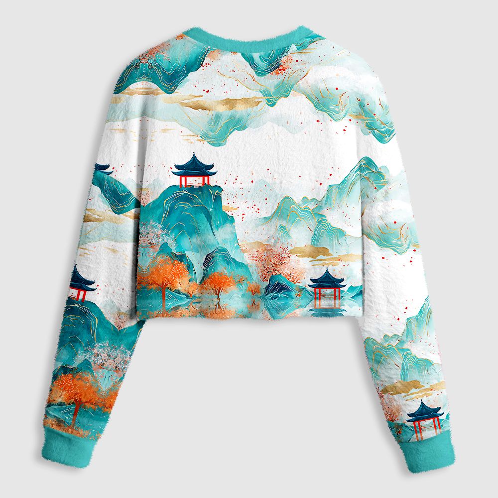 Kyoto-Lion Serene Chinese Mountain Landscape Women's Fuzzy Cropped Sweatshirt