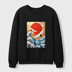 Kyoto-Lion Cranes And Waves Ukiyo-e Waffle Sweatshirt