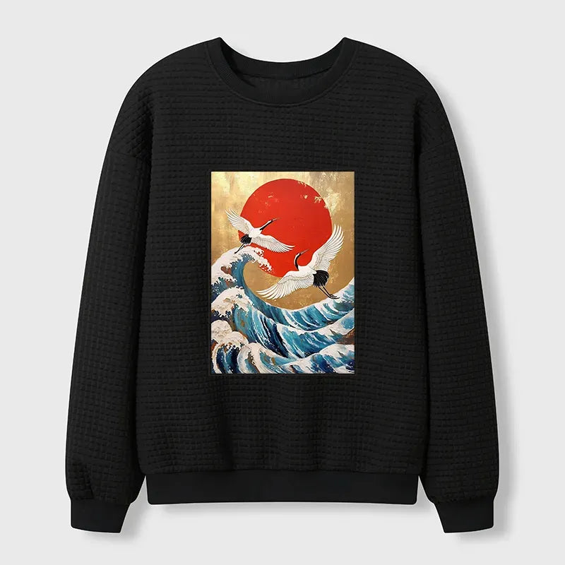 Kyoto-Lion Cranes And Waves Ukiyo-e Waffle Sweatshirt