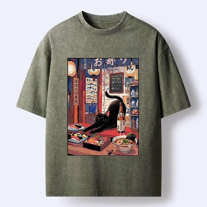 Kyoto-Lion Warm Lantern Izakaya Black Cat Food Art Print Washed T-Shirt