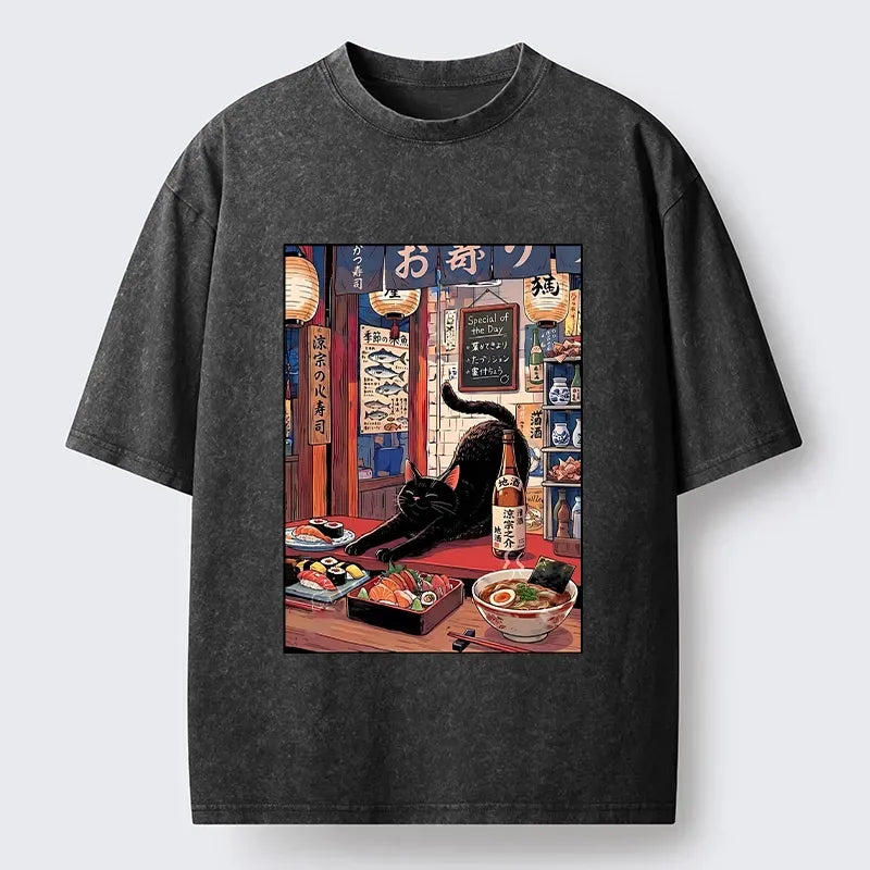 Kyoto-Lion Warm Lantern Izakaya Black Cat Food Art Print Washed T-Shirt