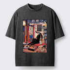 Kyoto-Lion Warm Lantern Izakaya Black Cat Food Art Print Washed T-Shirt