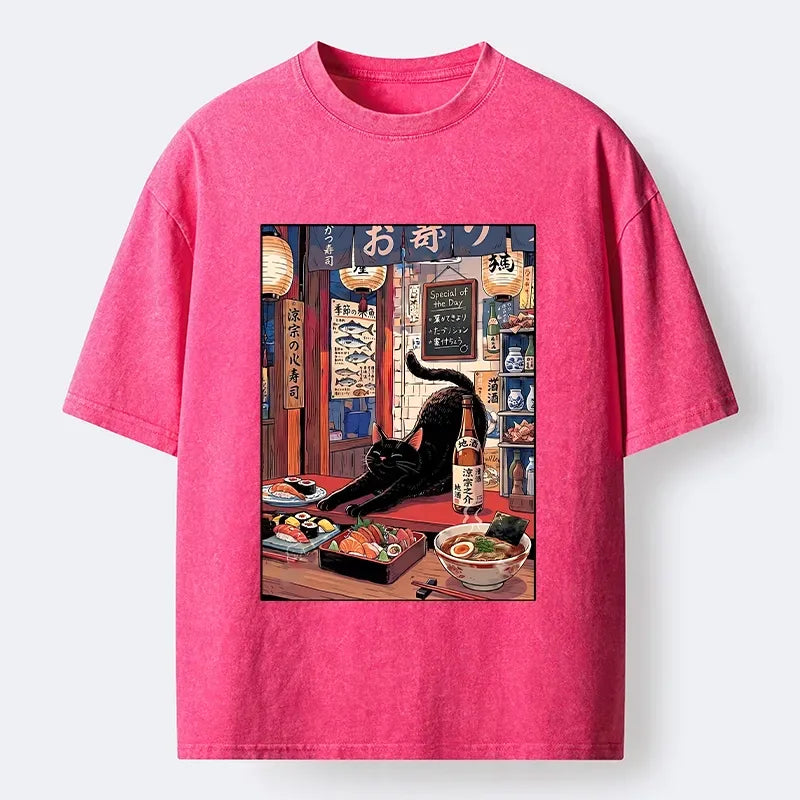 Kyoto-Lion Warm Lantern Izakaya Black Cat Food Art Print Washed T-Shirt