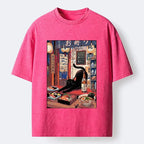 Kyoto-Lion Warm Lantern Izakaya Black Cat Food Art Print Washed T-Shirt