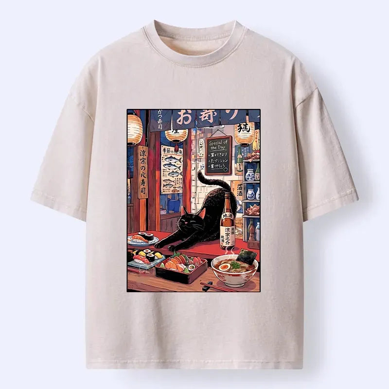 Kyoto-Lion Warm Lantern Izakaya Black Cat Food Art Print Washed T-Shirt
