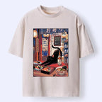 Kyoto-Lion Warm Lantern Izakaya Black Cat Food Art Print Washed T-Shirt