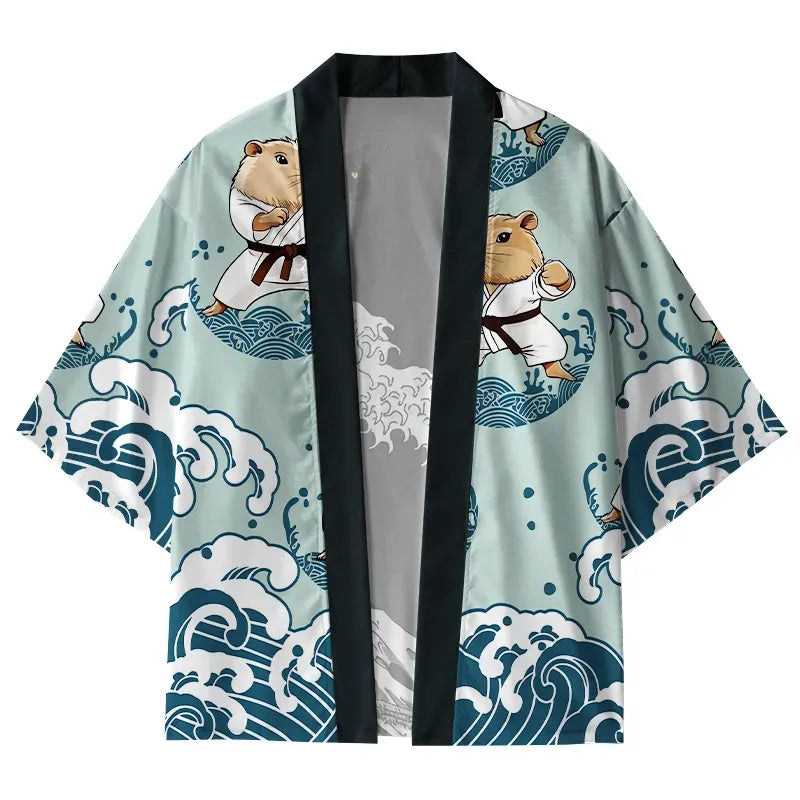 Kyoto-Lion Cute Capybara Taekwondo Kimono Cardigan