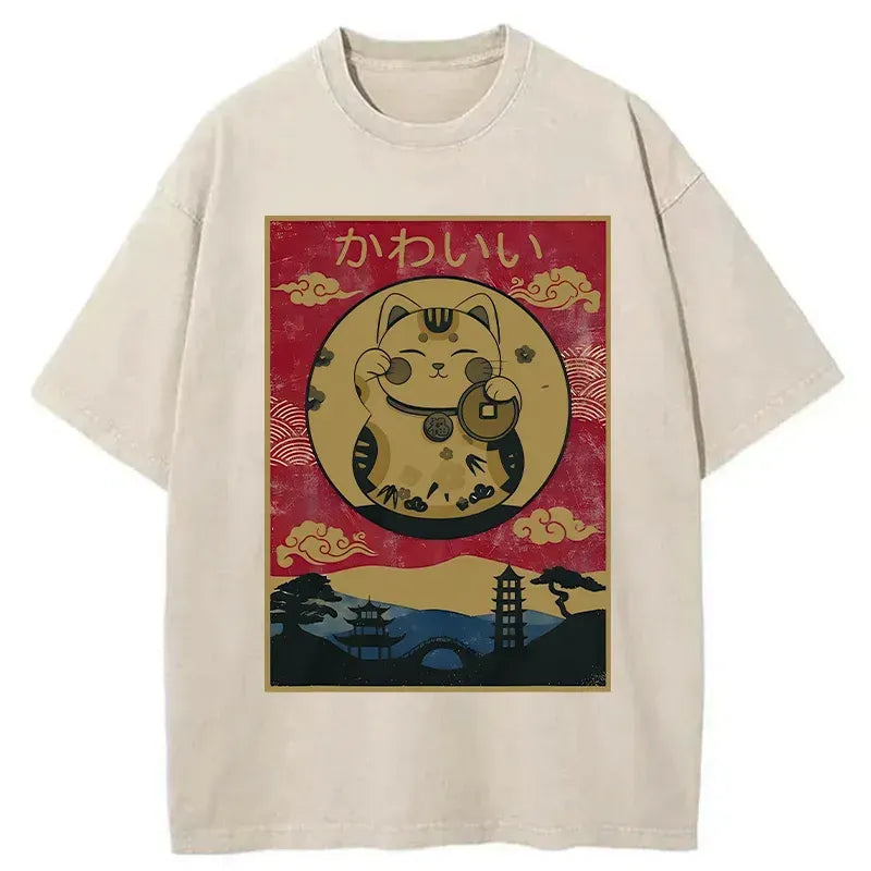 Kyoto-Lion Retro Lucky Cat Washed T-Shirt