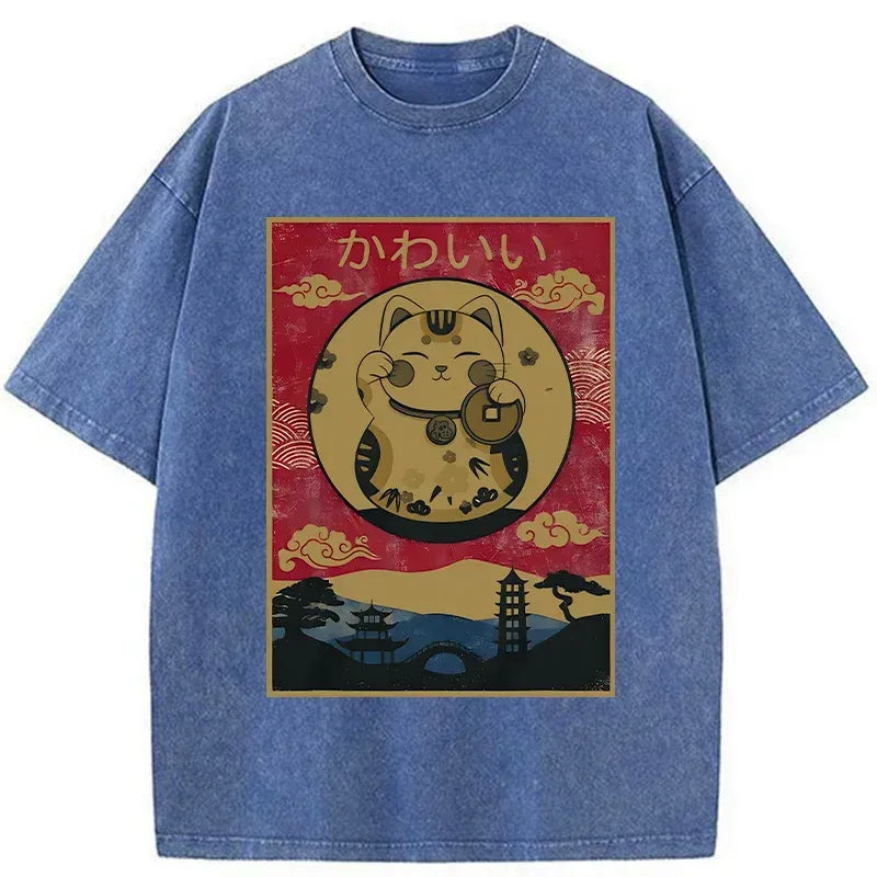 Kyoto-Lion Retro Lucky Cat Washed T-Shirt