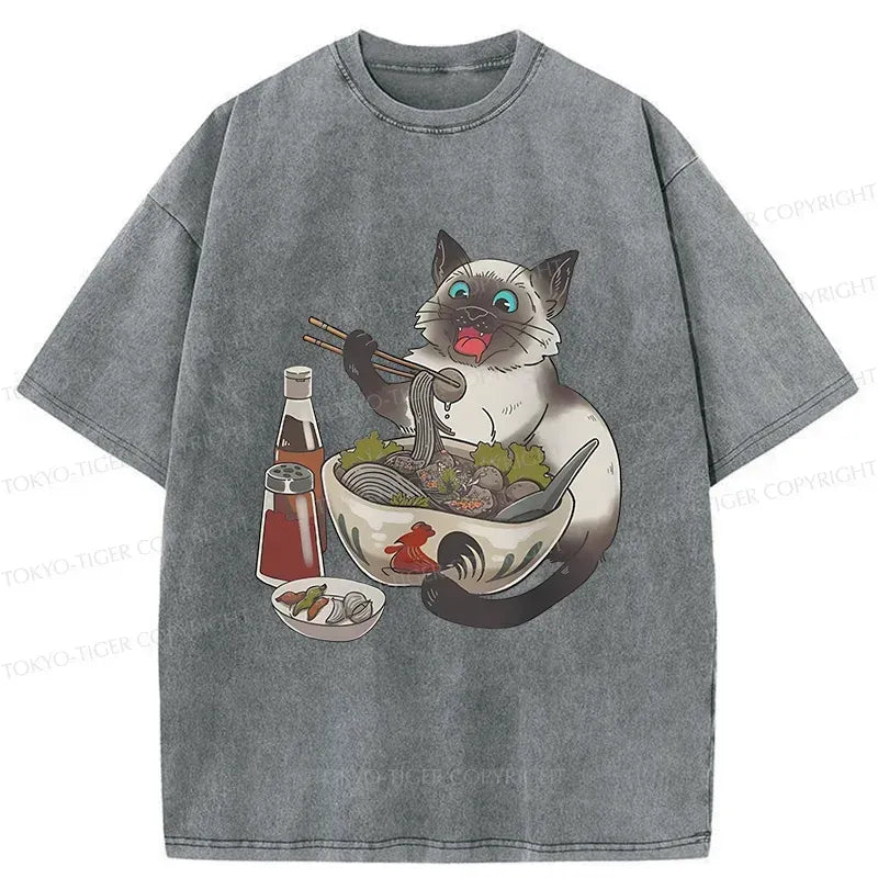 Kyoto-Lion Siamese Cat Eating Ramen Washed T-Shirt