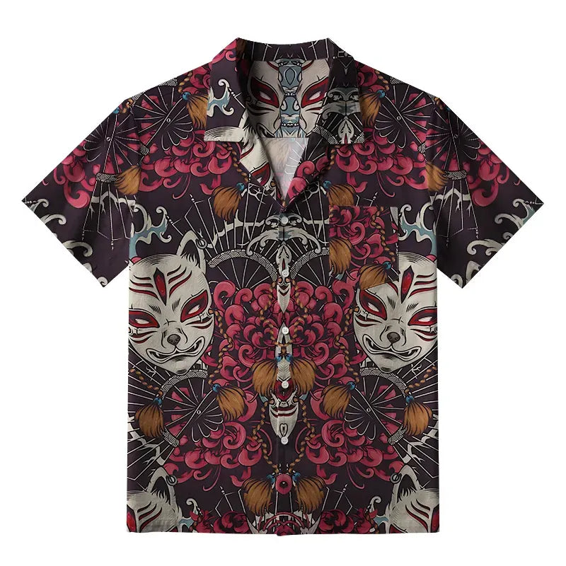 Kyoto-Lion Fox Mask Aloha Hawaiian Shirt
