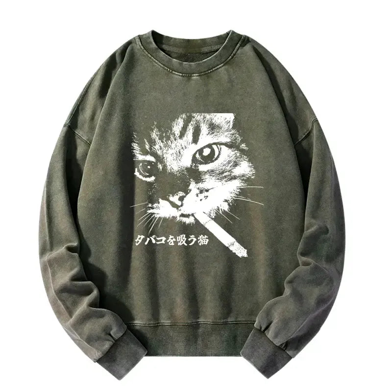 Kyoto-Lion Retro Cat Smoking Washed Sweatshirt
