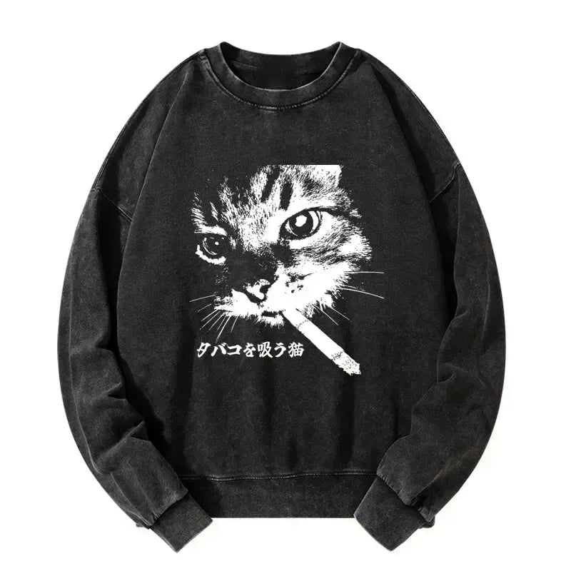 Retro Cat Washed Sweatshirt for Streetwear