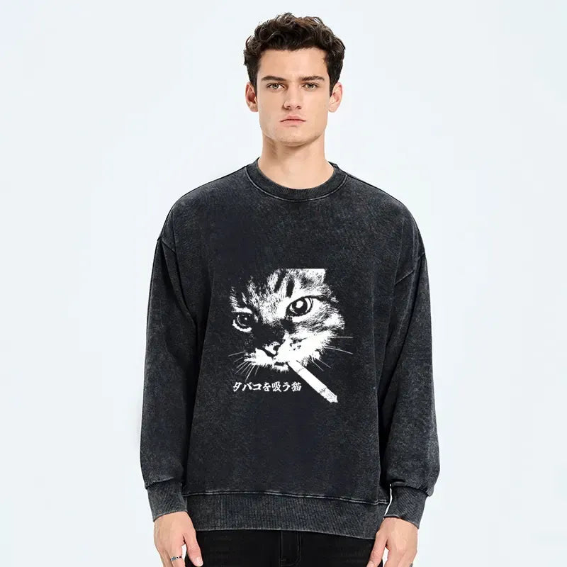 Retro Cat Washed Sweatshirt for Streetwear