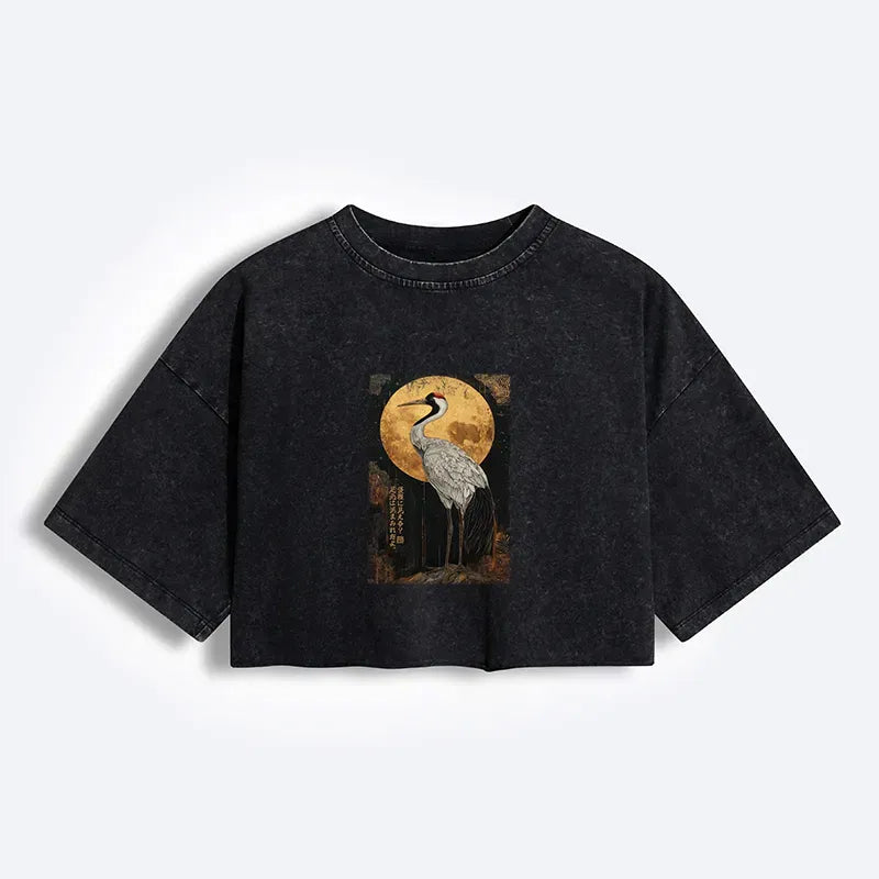 Kyoto-Lion Vintage Japanese Crane Kanji Women's Washed Crop T-Shirt
