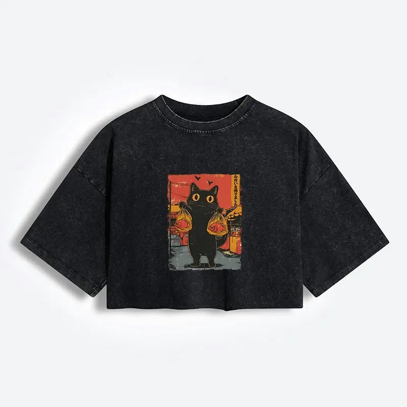 Kyoto-Lion Cat Fishing Japanese Women's Washed Crop T-Shirt