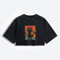 Kyoto-Lion Cat Fishing Japanese Women's Washed Crop T-Shirt