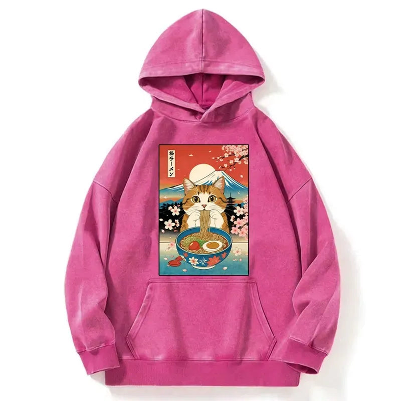 Kyoto-Lion Funny Orange Cat Eating Ramen Japan Washed Hoodie