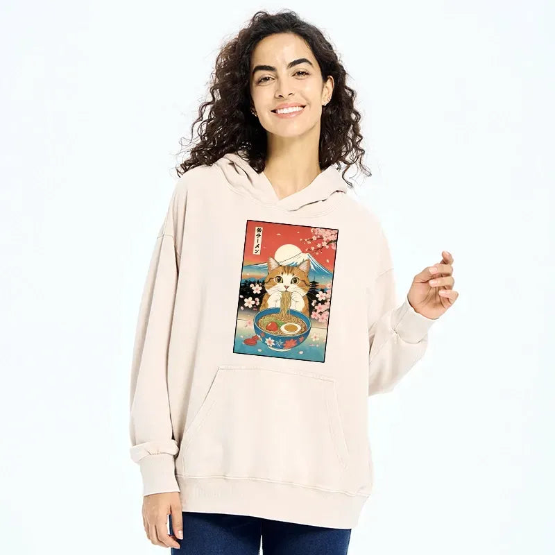 Kyoto-Lion Funny Orange Cat Eating Ramen Japan Washed Hoodie
