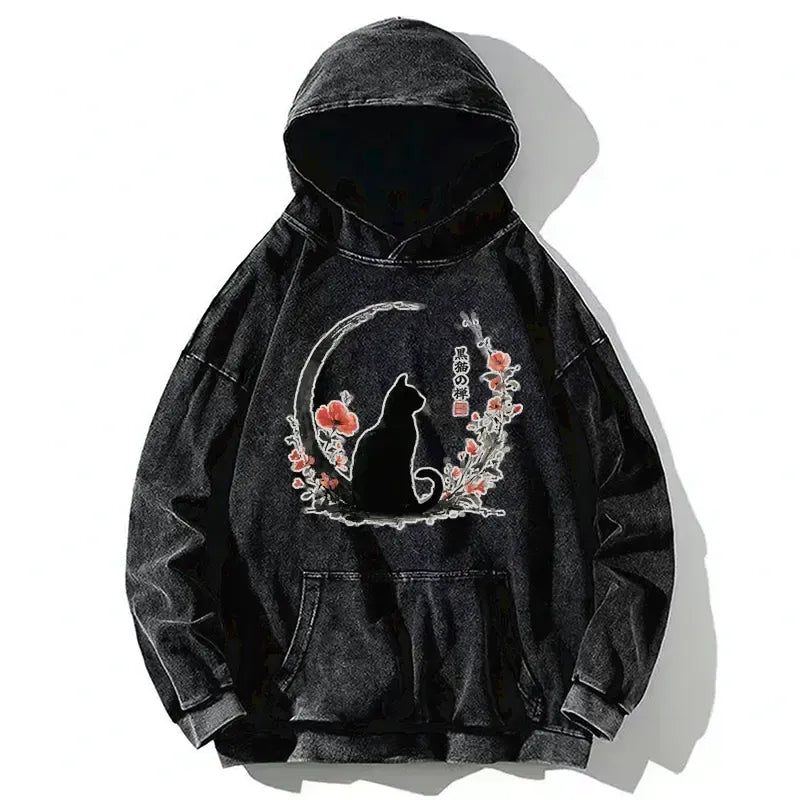 Kyoto-Lion Black Cat And Flowers Washed Hoodie